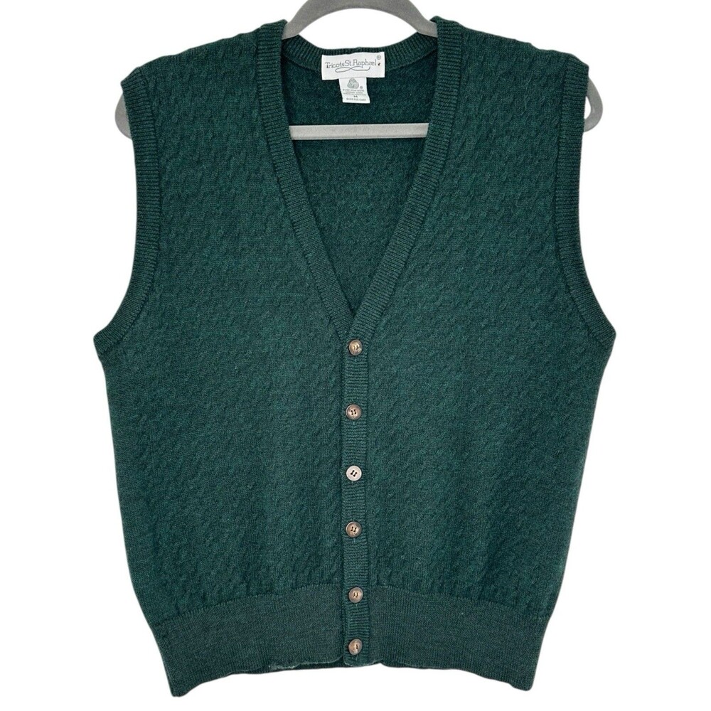 Tricots St. Raphael Merino Wool Sweater Vest M Hunter Green V-Neck Vintage